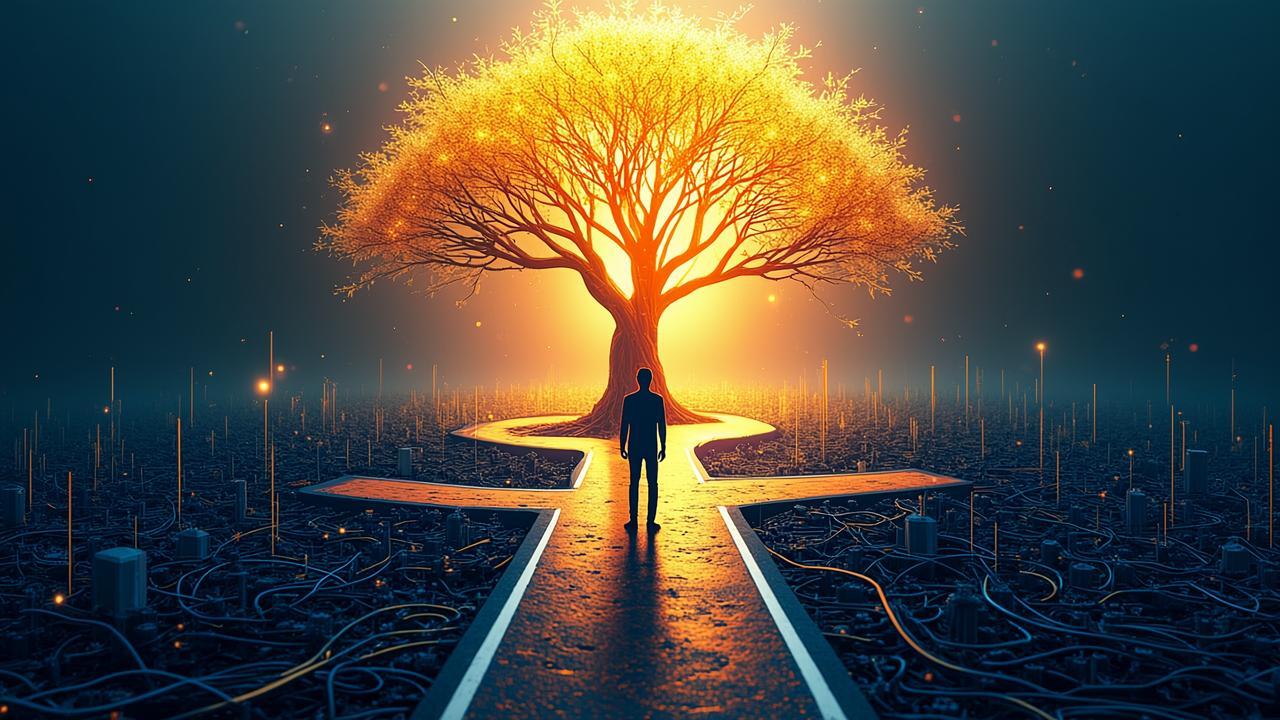 A surreal digital landscape where a human silhouet