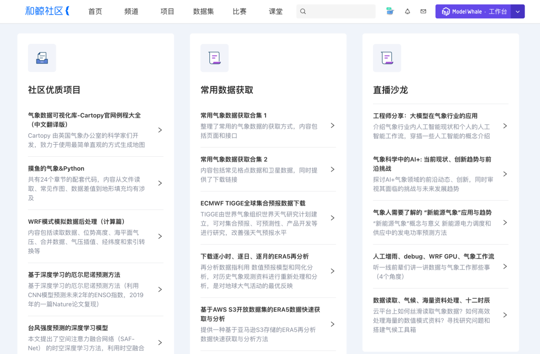 《和鲸社区气象+AI 学习路径》部分资源如图所示