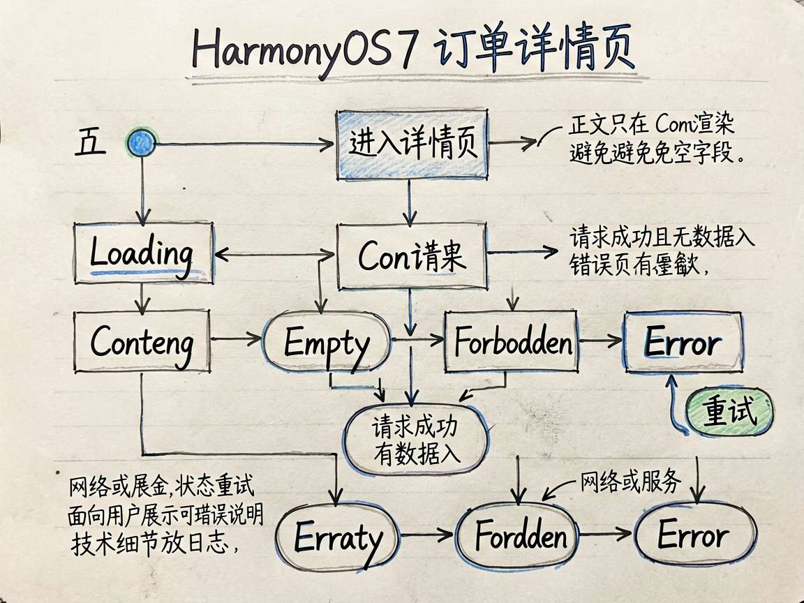 一张中文手绘流程图,讲解 HarmonyOS7 订单详情页的状态流转和错误边界处理。流程从“进入详情