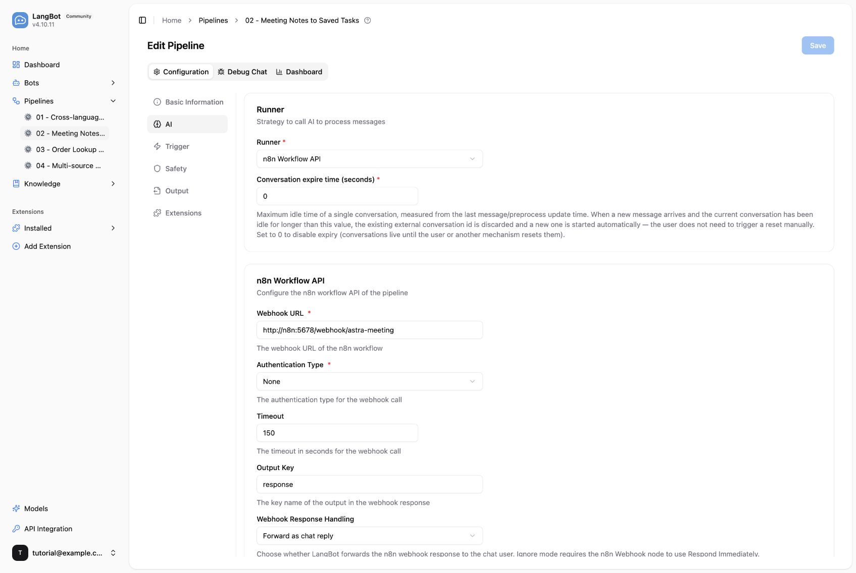 LangBot 中的 n8n Runner 设置；按本案例替换 Webhook 路径