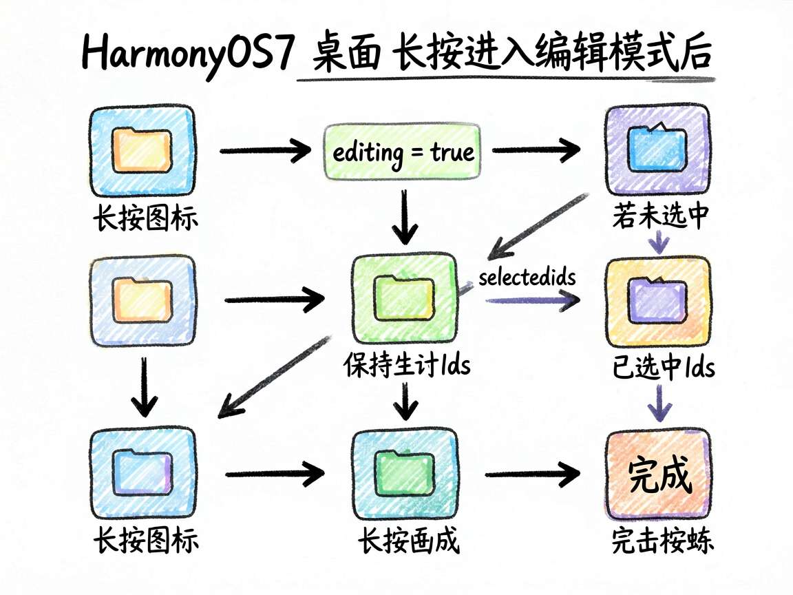一张手绘笔记风流程图,主题是 HarmonyOS7 桌面图标长按进入编辑模式后的交互流程。流程从“长