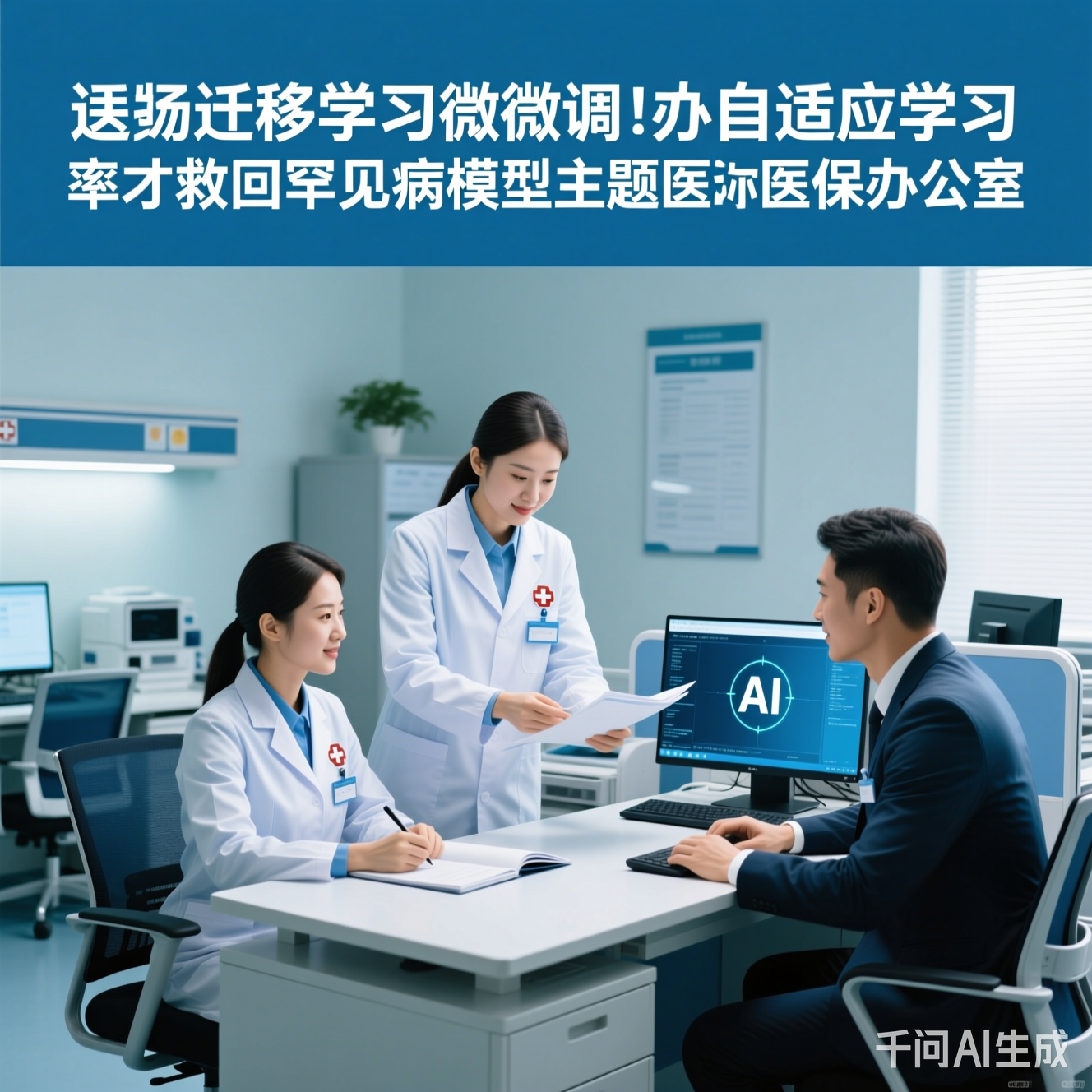 医保办公室里，工作人员和AI系统协作的场景