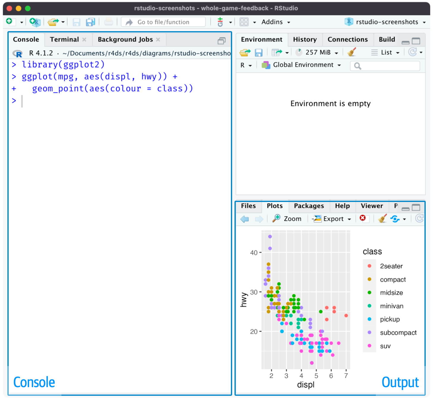 Figure 2: RStudio IDE 有两个关键区域：在左侧的控制台窗格中键入 R 代码，并在右侧的输出窗格中查找绘图。