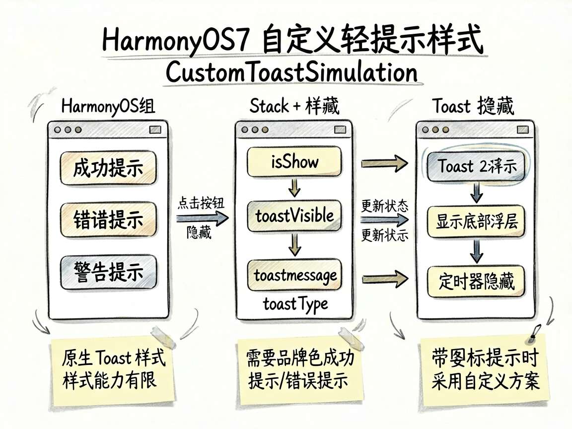 以手绘笔记风格绘制一张信息框架图，主题是 HarmonyOS7 自定义轻提示样式 CustomToa