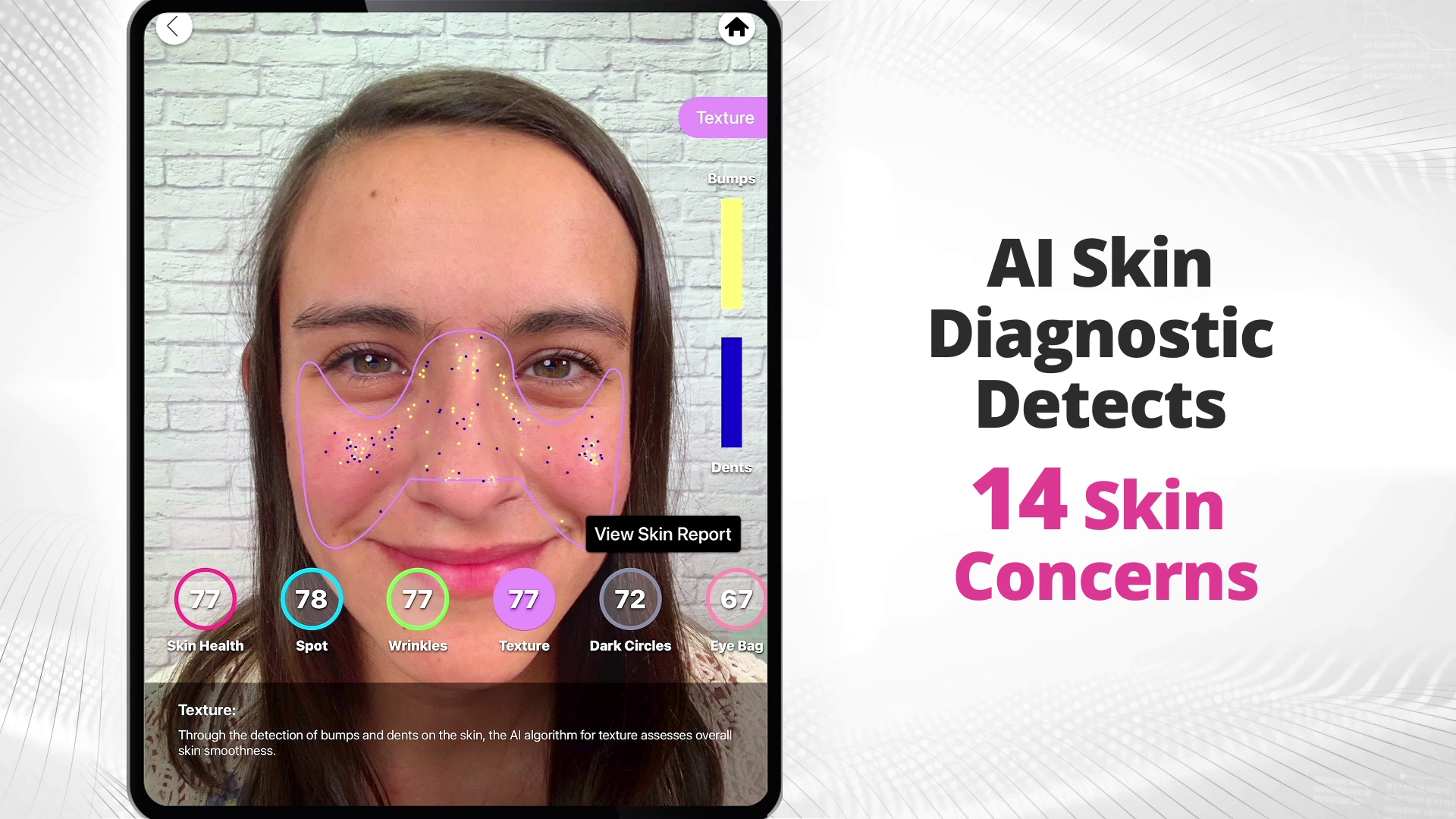Screenshot of Perfect Corp. app showing real-time skin analysis.
