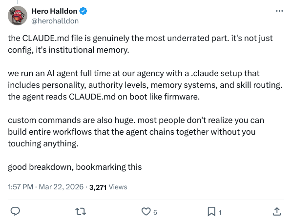 来自 @herohalldon 的评论：CLAUDE.md 是机构记忆，自定义命令能构建整个工作流