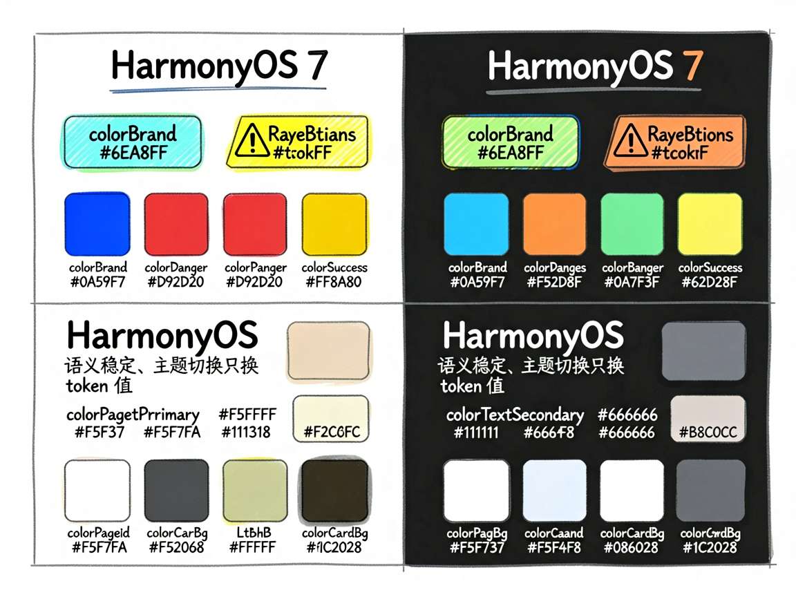 一张 sketch-notes 风格的信息图,展示 HarmonyOS 7 品牌页在浅色与深色模式下