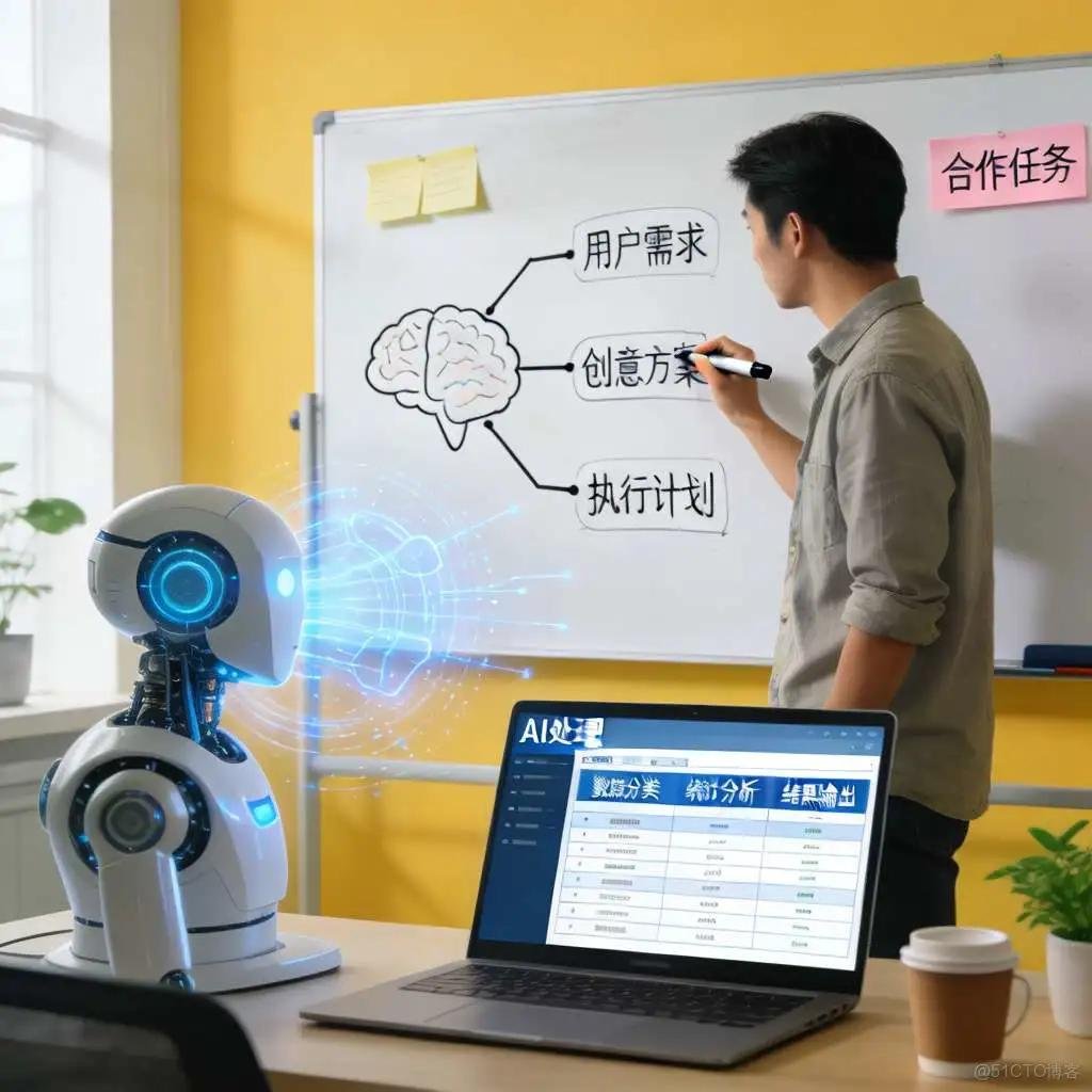 人与AI协作办公场景，白板上写着用户需求、创意方案、执行计划