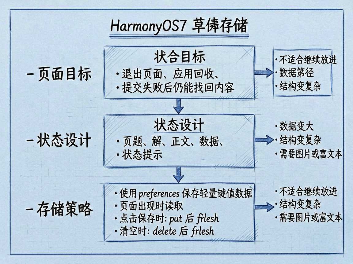 手绘蓝图风框架图，主题是 HarmonyOS7 草稿存储的判断框架。用三层结构展示：页面目标 -> 