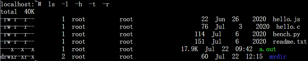 ls -l -h -t -r就是按照时间倒序排序的,ls命令可以实现**多命令**联排,所以这是可以灵活运用的!