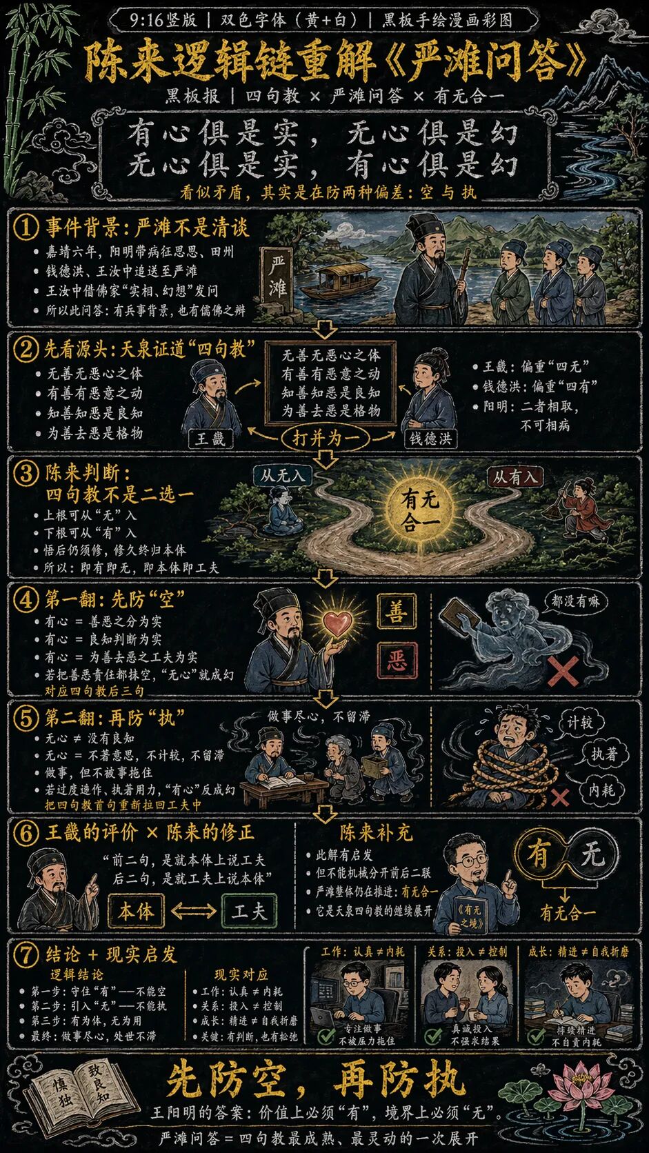 王阳明在生命最后一年的“严滩问答”这四句话，由于“禅味”太重，一直觉得很难理解。这篇文章根据陈来老师《有无之境》的逻辑进行拆解