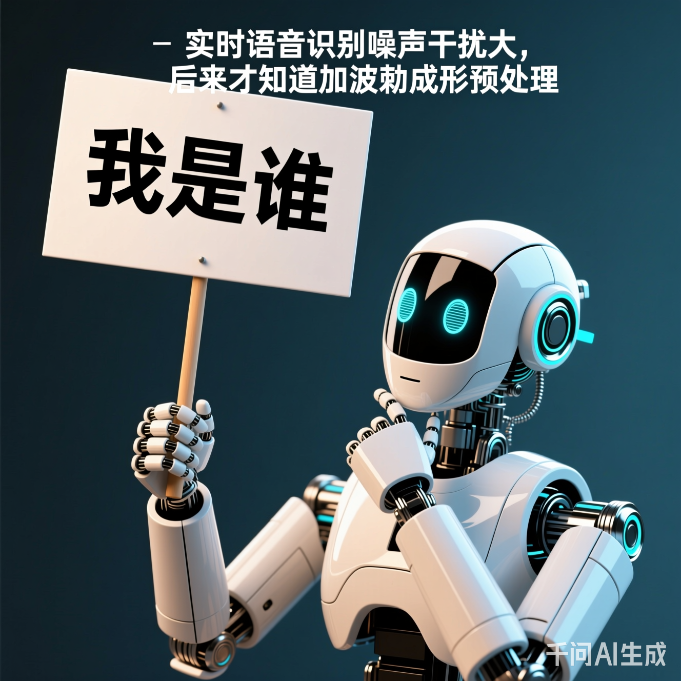 机器人举着"我是谁"的牌子思考