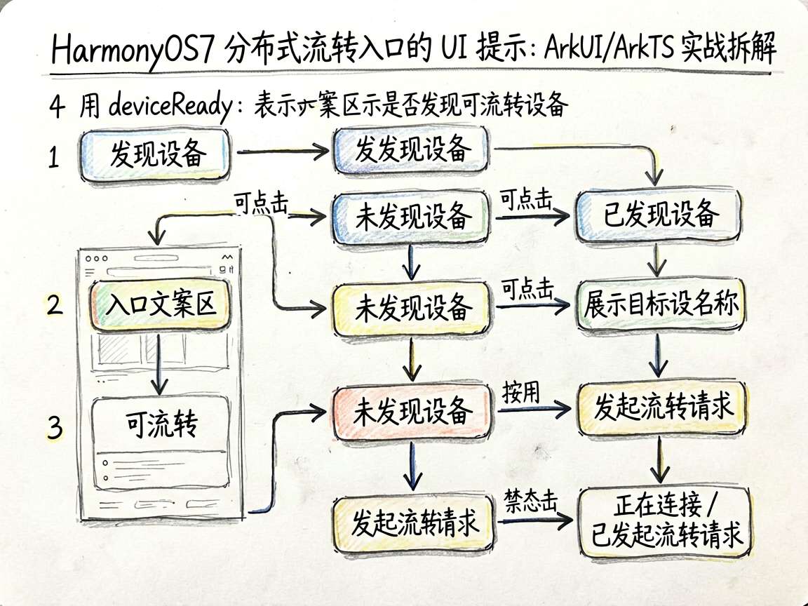为文章《HarmonyOS7 分布式流转入口的 UI 提示：ArkUI/ArkTS 实战拆解》绘制一
