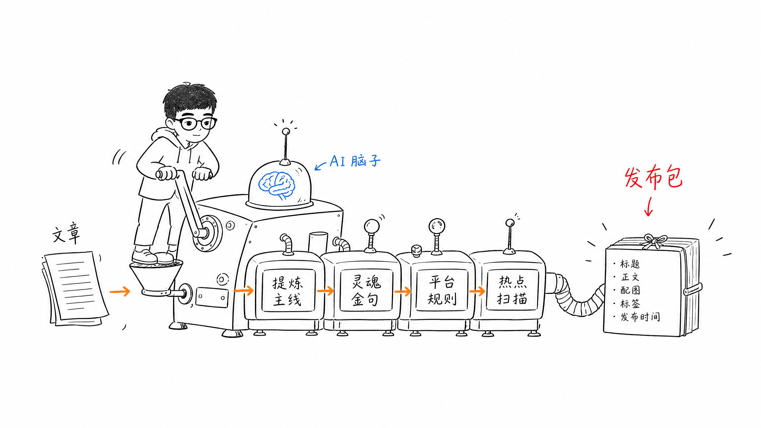 图 03：一篇文章进去，经过一条带 AI 脑子的固定流水线，产出一套发布包。
