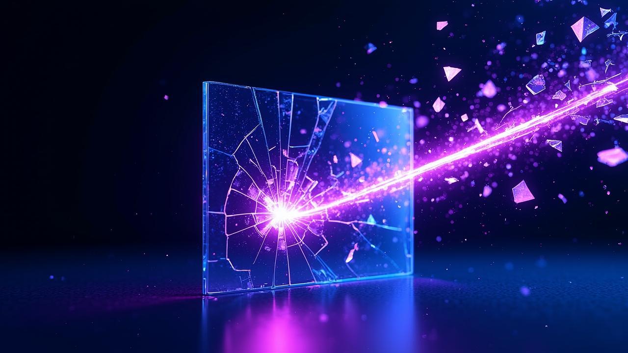 A shattered glass barrier floating in a dark void,