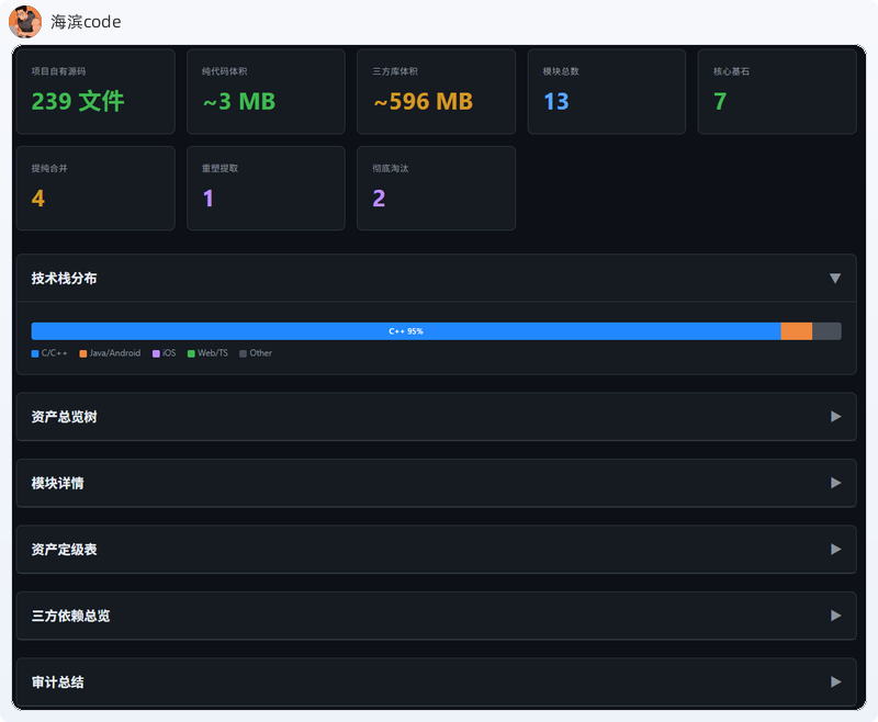 单项目仪表盘：239文件 / ~3MB自有代码 / ~596MB三方库