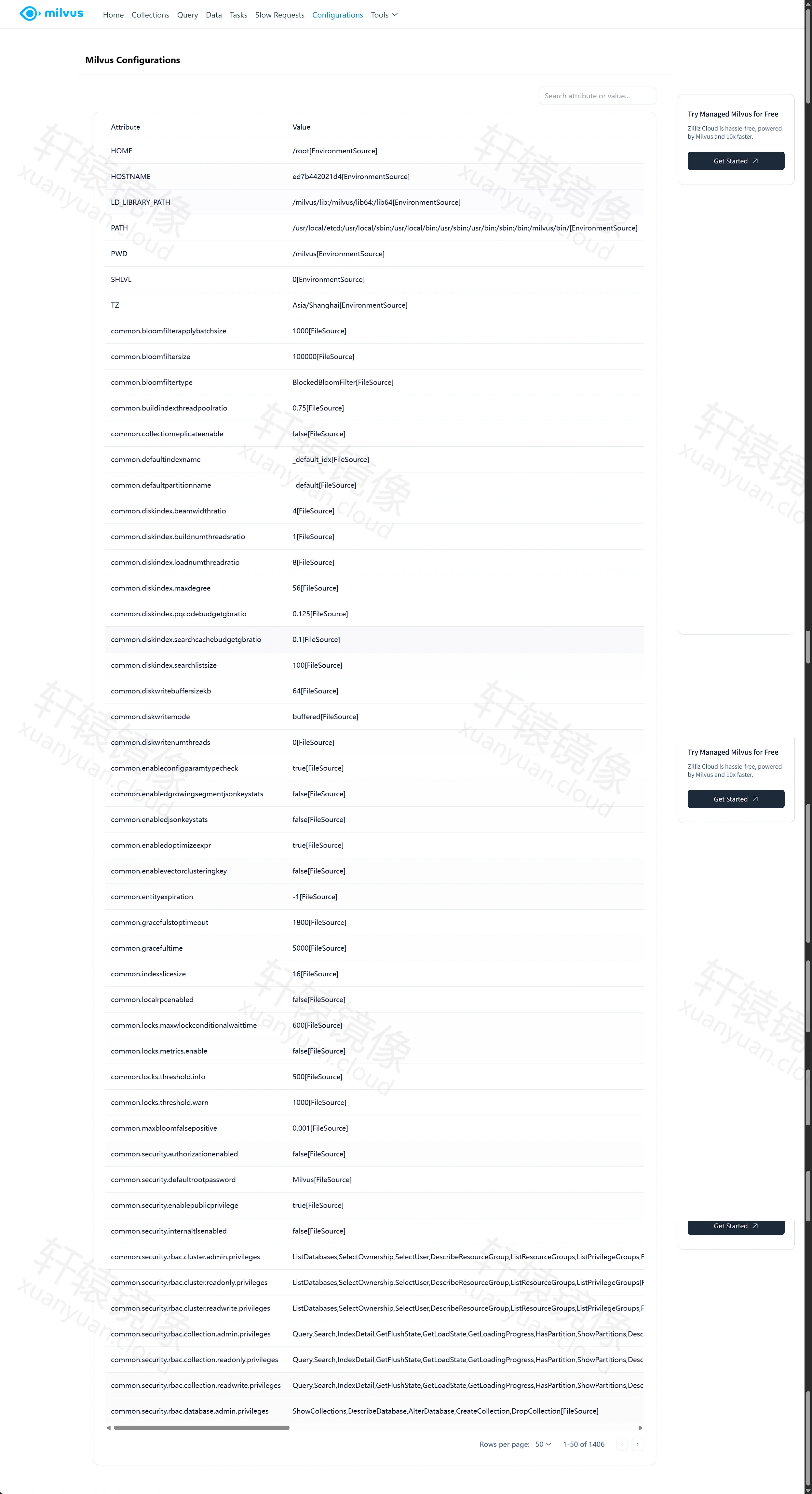 Milvus WebUI Configurations：TZ 为 Asia/Shanghai，authorizationenabled 为 false