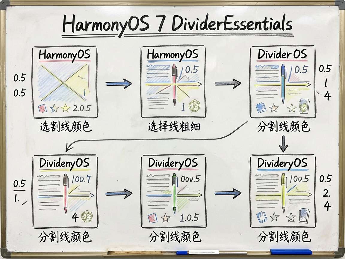 为一篇 HarmonyOS 7 DividerEssentials 教程绘制一张手绘笔记风流程图,主