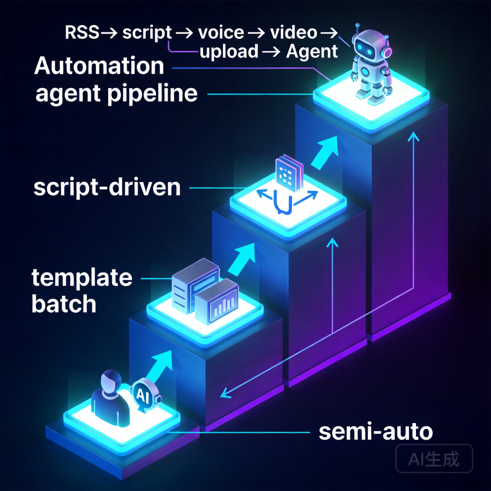 自动化升级路径四级架构：从半自动（Level 1）到 Agent 流水线（Level 4）的阶梯式演进图