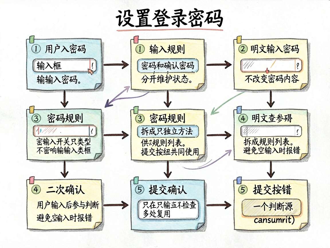 为这篇 ArkUI/ArkTS 文章绘制一张手绘流程图,内容是“设置登录密码”的实现步骤。流程从用户
