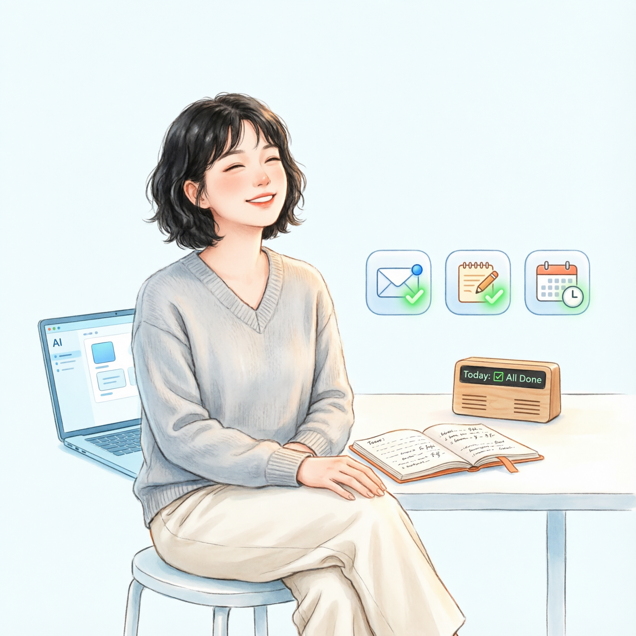 一个新手用AI解决日常小任务后露出轻松表情的收束插画