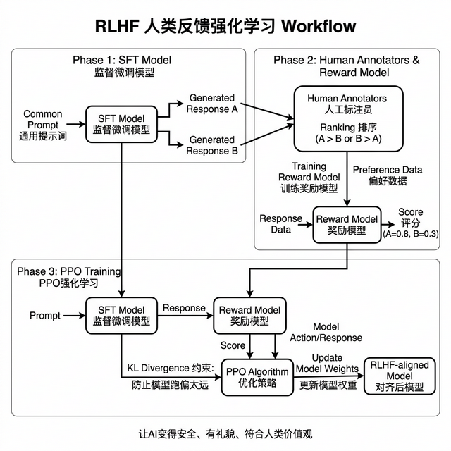 RLHF人类反馈强化学习工作流程