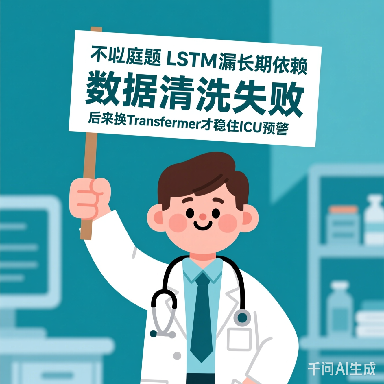 穿着白大褂举着"数据清洗失败"标语的卡通医生