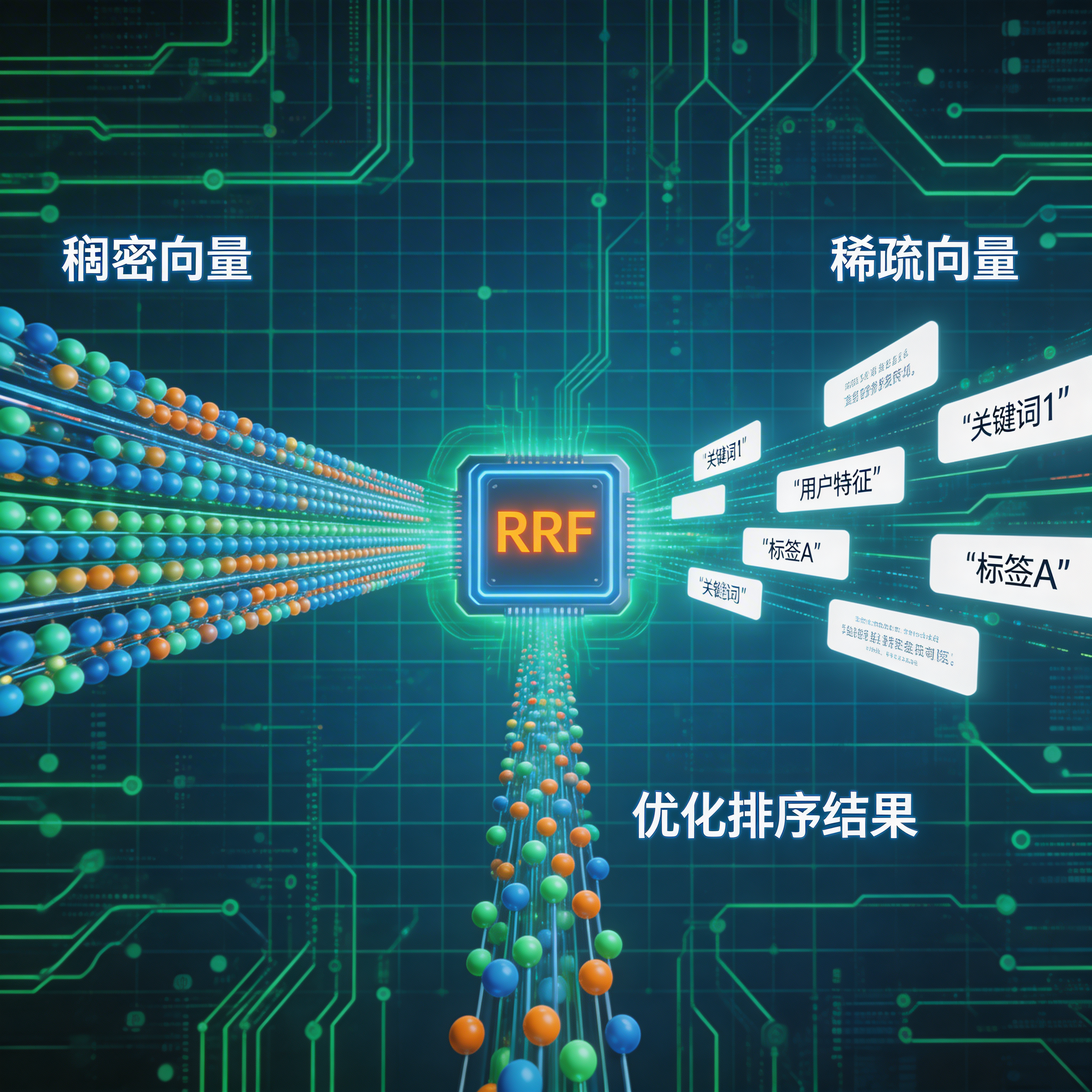 Milvus混合搜索原理示意图：稠密与稀疏向量RRF融合。