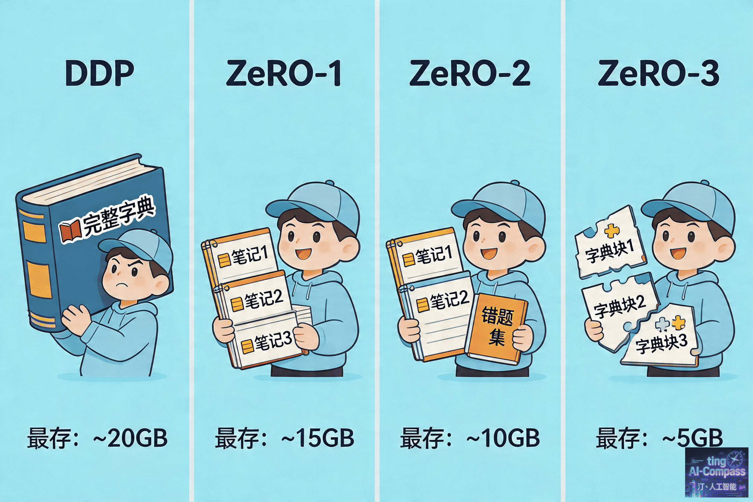 ZeRO三个层次显存优化类比示意图