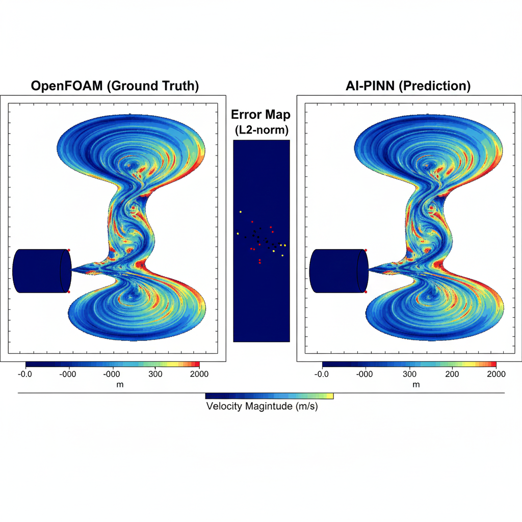 图 4:流场重建效果对比——OpenFOAM 基准(左) vs MindSpore 预测(右)及误差分布(中)