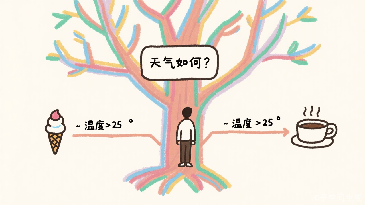 决策树示意图：天气→温度→冰淇淋/热咖啡