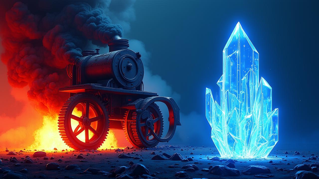 A surreal split composition: the left side depicts