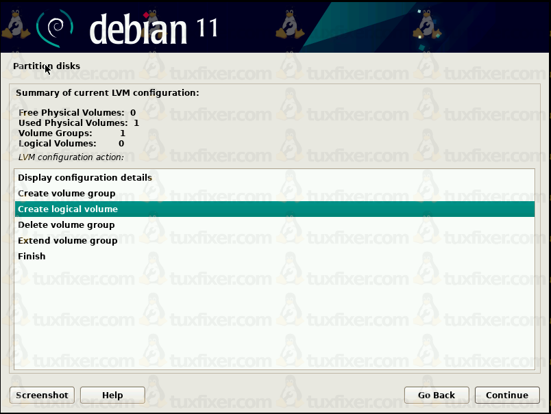 Debian 11 Bullseye create logical volume for root partition