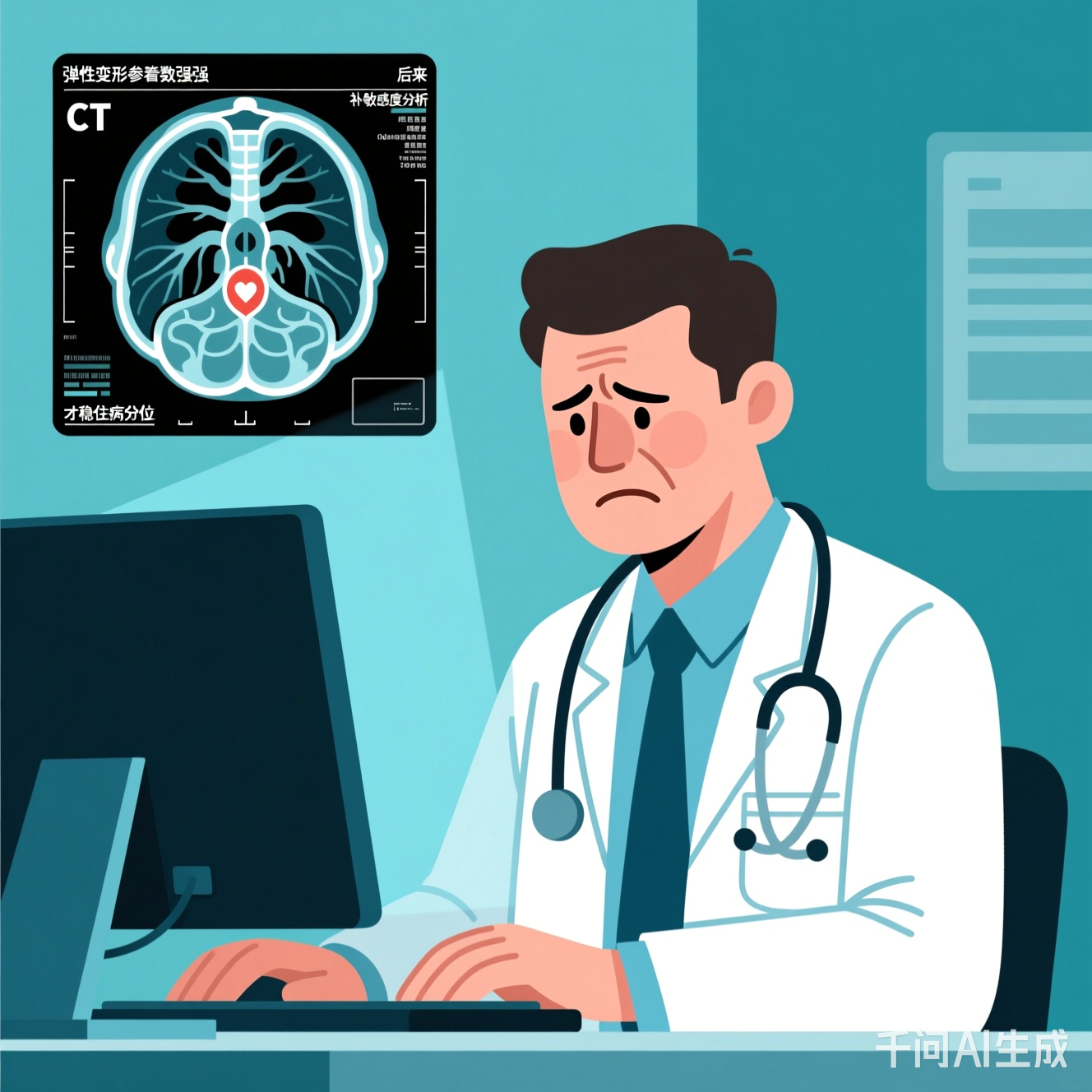 医生对着电脑皱眉的插画