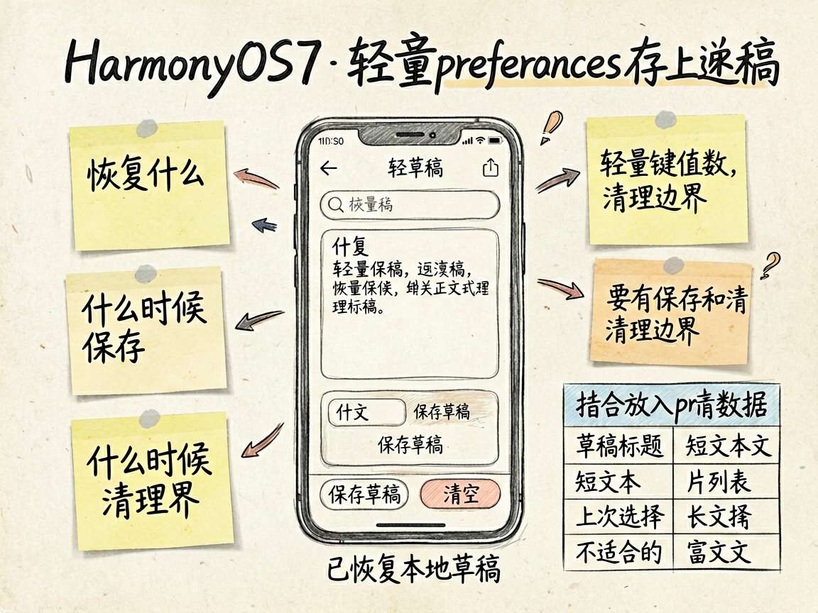手绘笔记风信息图，主题是 HarmonyOS7 的 preferences 存草稿。画面中心是一张手