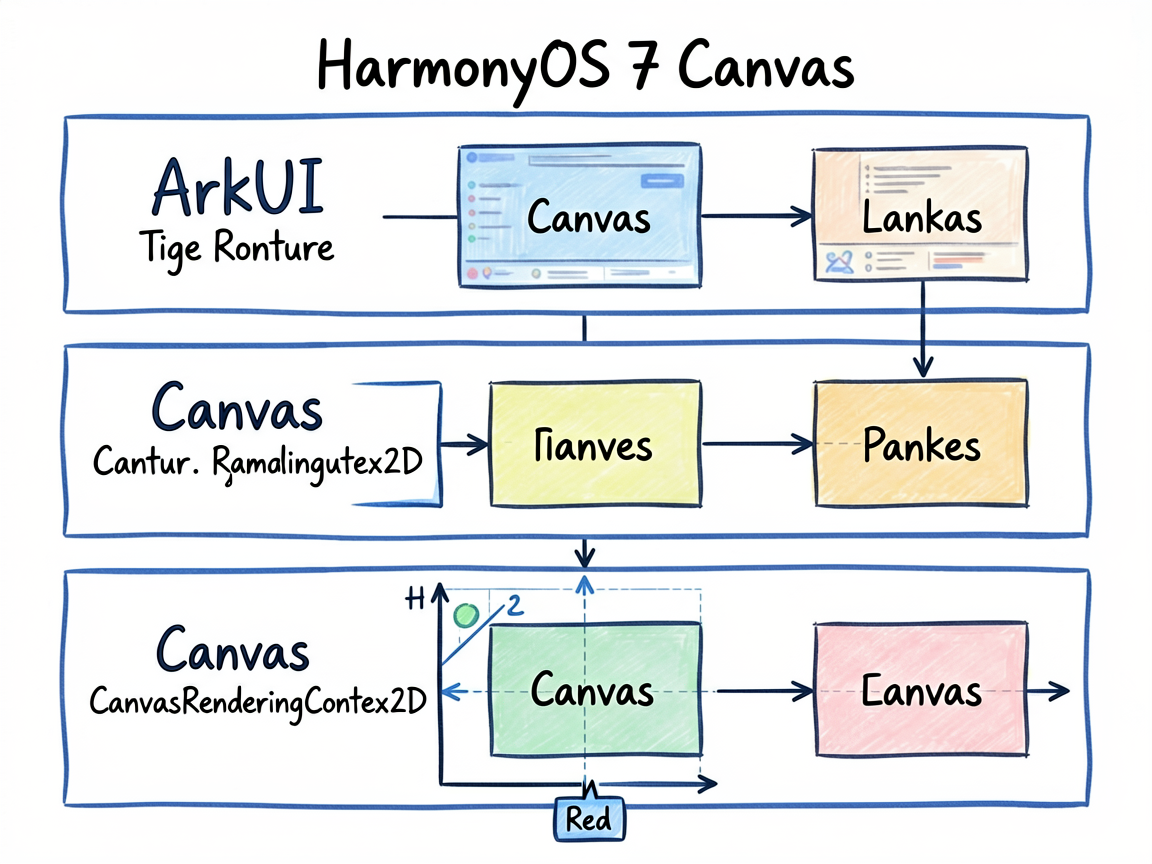 为一篇讲 HarmonyOS7 Canvas 基础绘制的技术教程绘制一张手绘框架图，主题是 Canv