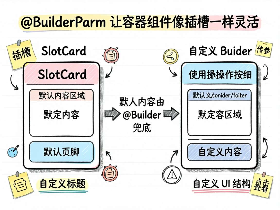为一篇讲解 HarmonyOS 7 UI 布局中 @BuilderParam 组件插槽机制的中文技术