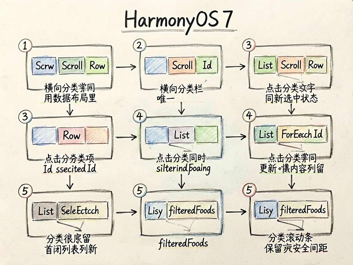 手绘流程图笔记风，主题是 HarmonyOS7 横向分类栏的实现步骤。用 5 个连续步骤框表示：1 
