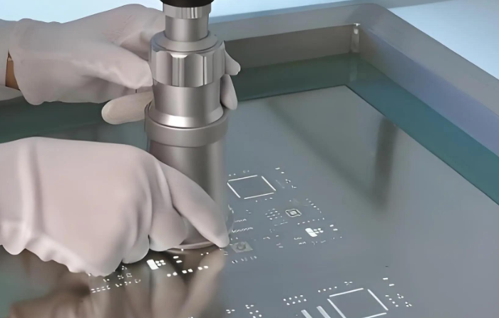 带孔的 SMT 钢网，用于在 PCB 上印刷锡膏。