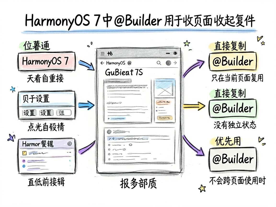 一张适合技术文章开篇的 sketch-notes 风格框架图，主题是 HarmonyOS 7 中 ` 