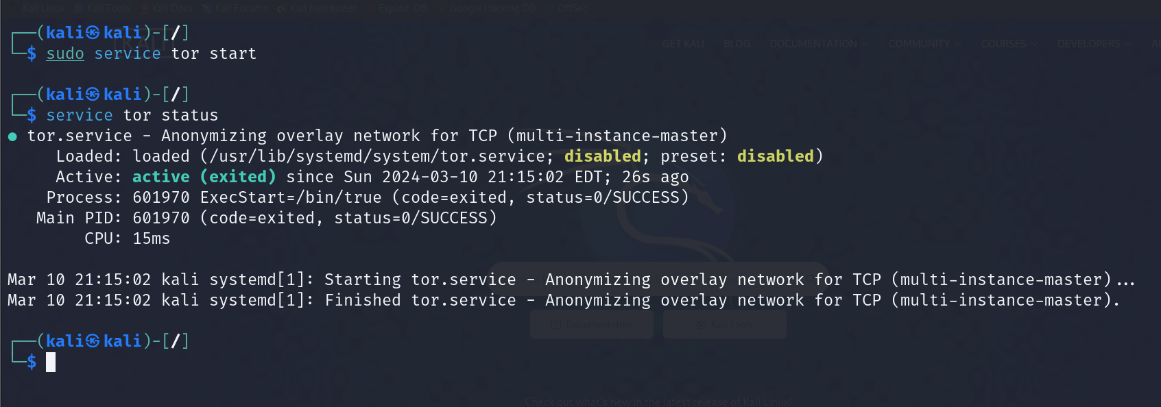 Sudo service start tor