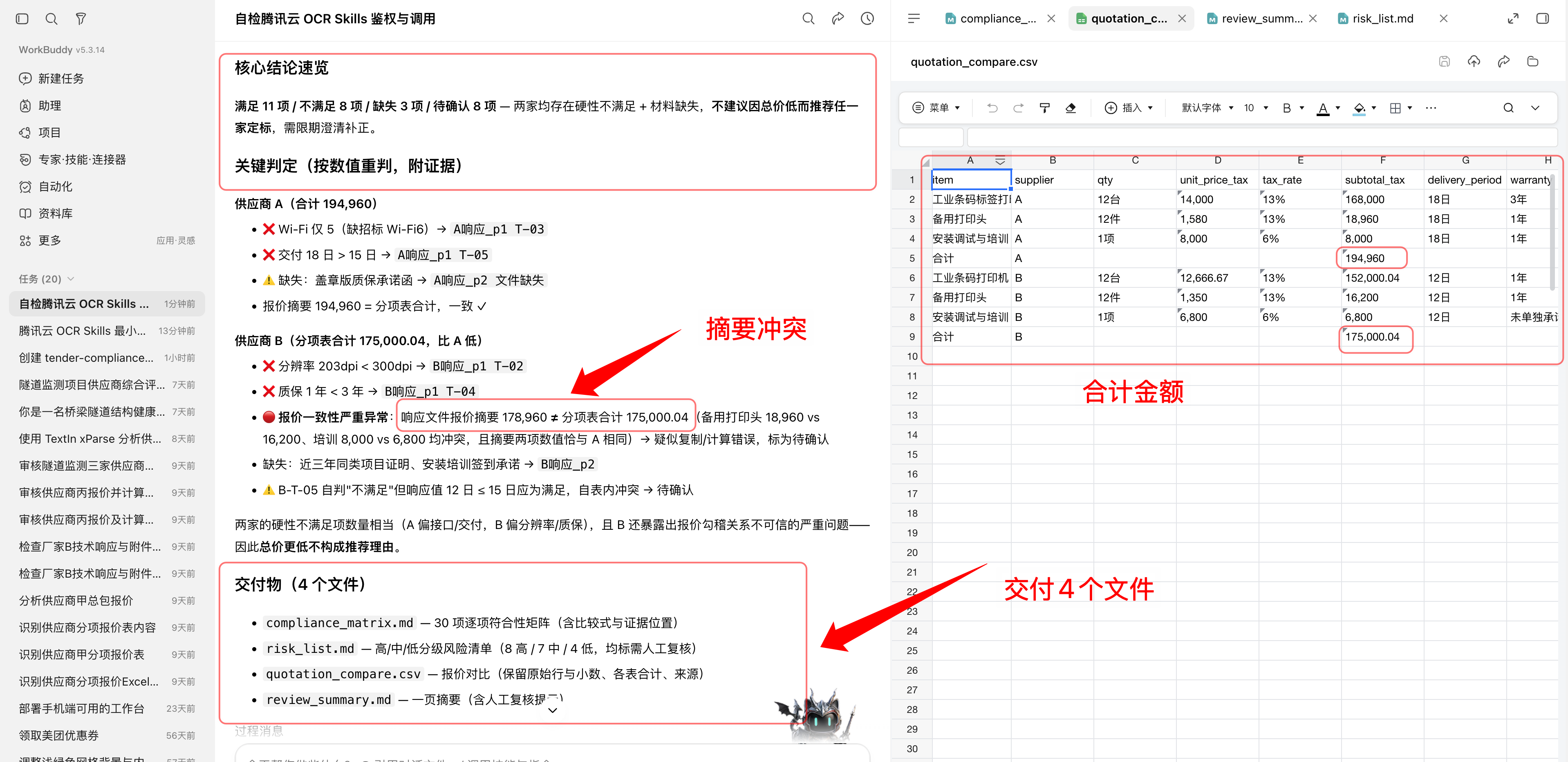 两家供应商跨文件符合性审查和报价对比