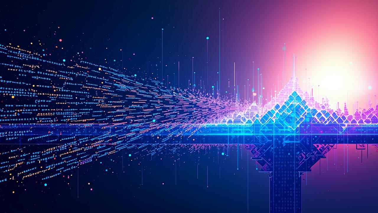 A conceptual digital landscape where chaotic, floa