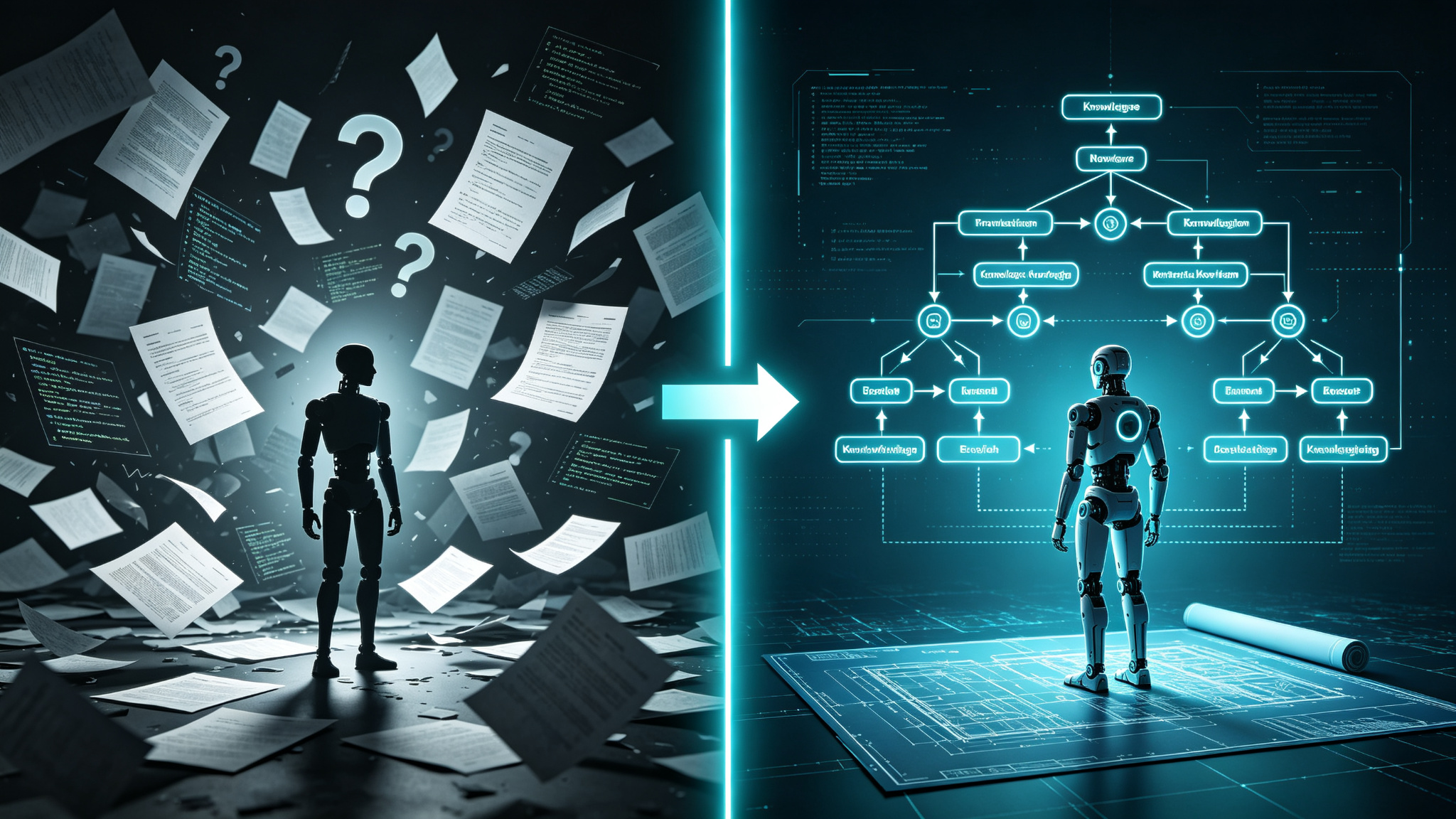 左边：AI 面对散乱的文档和问号，一脸困惑；右边：AI 站在清晰的知识网络图前，从容操作