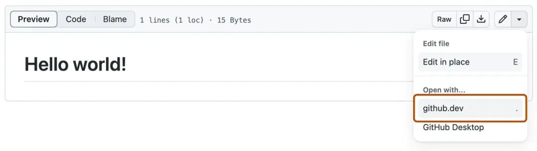 下拉菜单选项用于在 GitHub 文件查看器中使用 github.dev