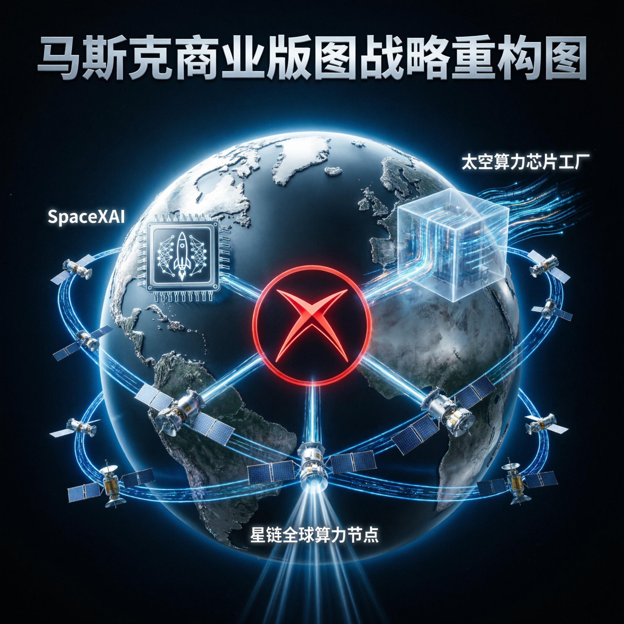太空轨道数据中心概念图，星链卫星与数据流
