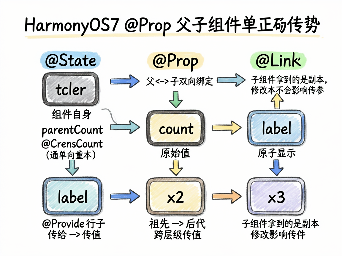 基于文章《HarmonyOS7 @Prop 父子组件单向传参:数据从父到子的正确姿势》绘制一张 sk