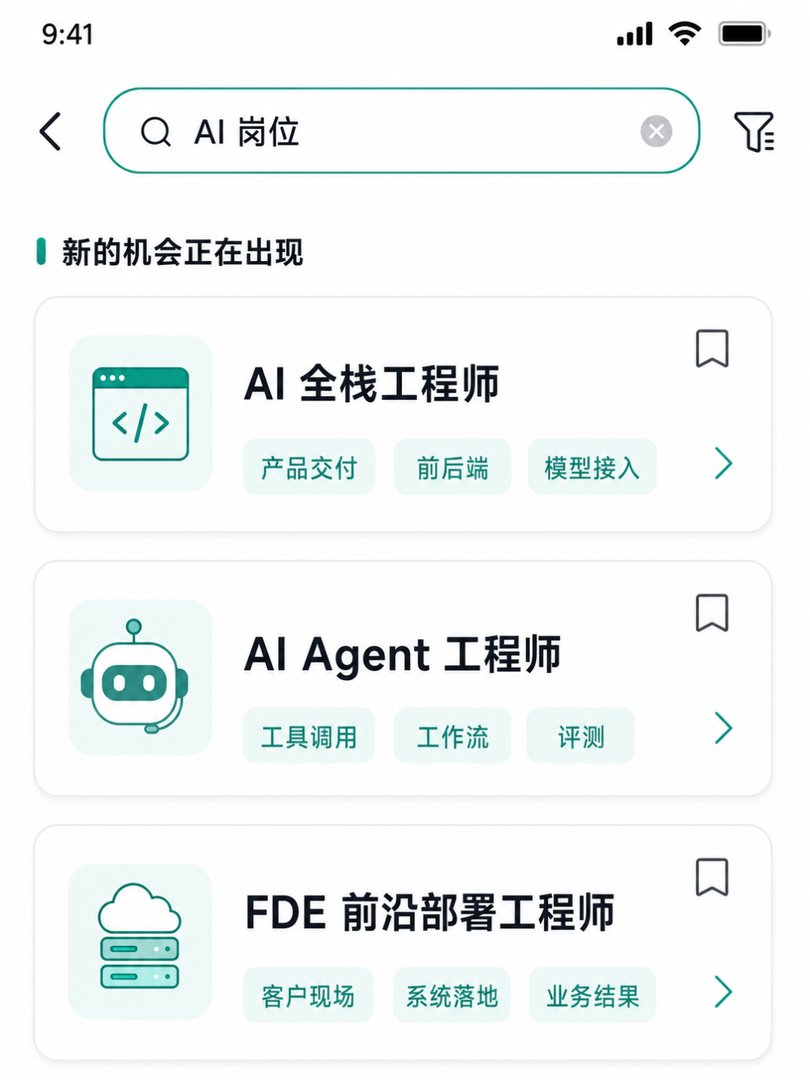 招聘软件示意图，展示AI全栈工程师、AI Agent工程师和FDE前沿部署工程师