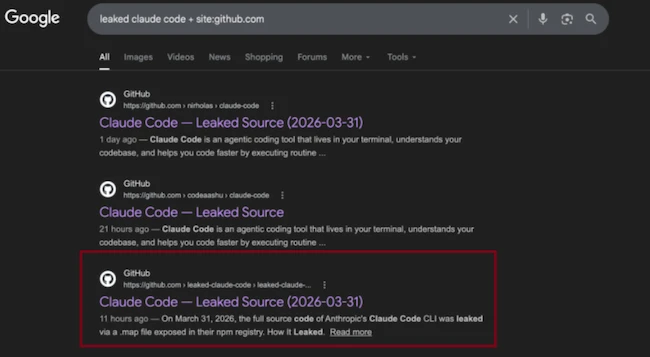 恶意仓库的 Google 搜索结果