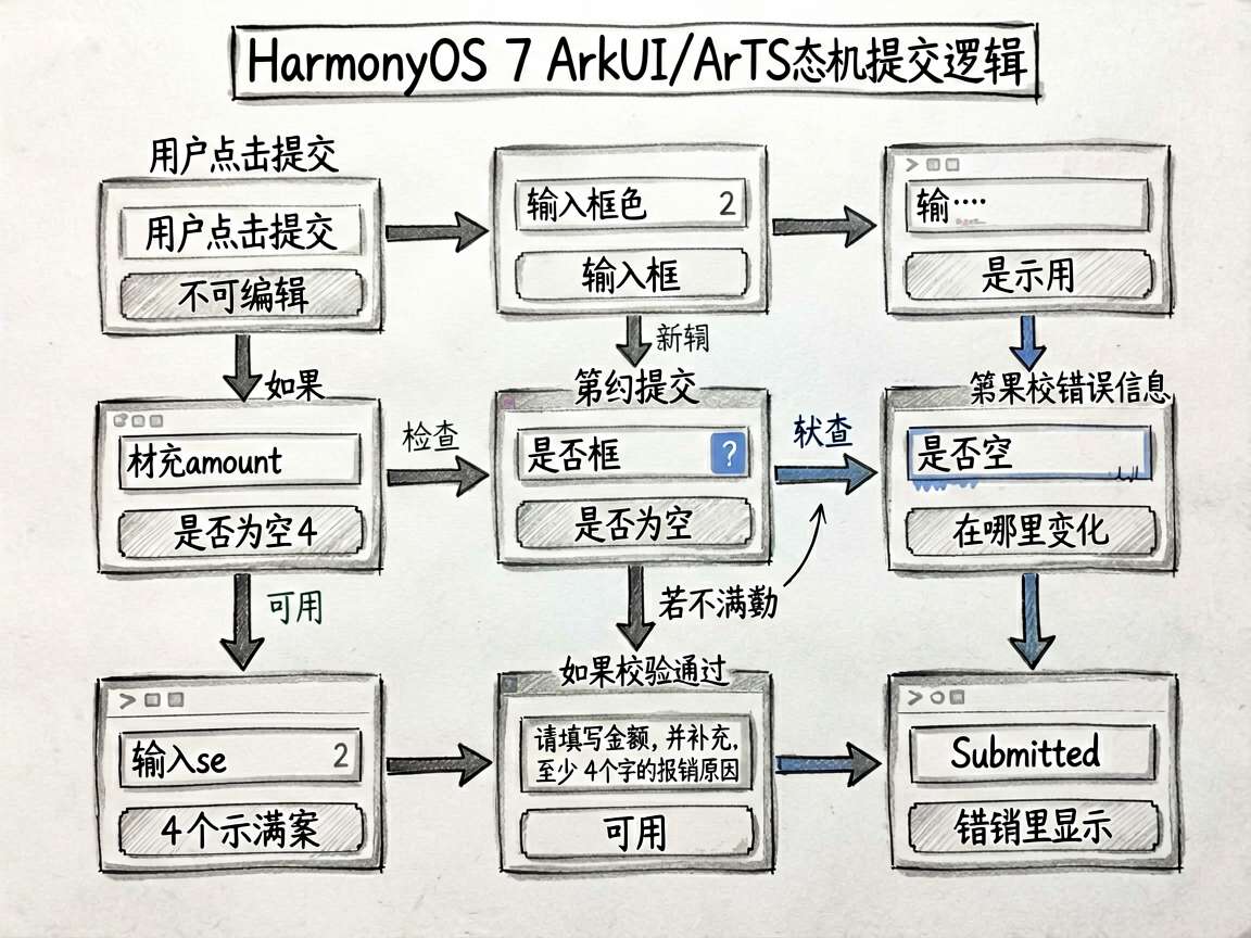 为一篇讲解 HarmonyOS 7 ArkUI/ArkTS 状态机提交逻辑的文章绘制一张手绘流程图，
